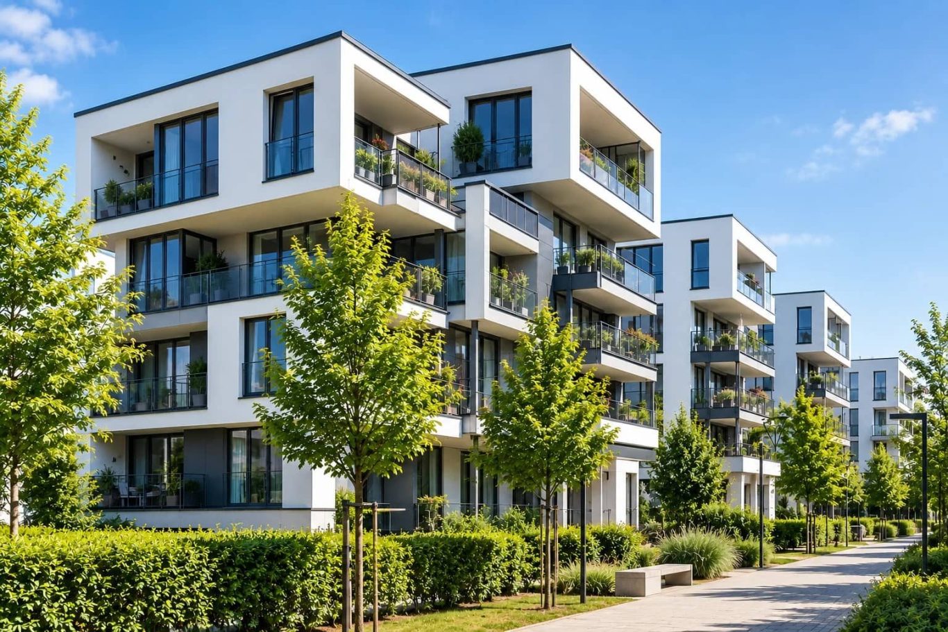 eigentum-direkt-weg-verwaltung-digital-vor-ort.webp Moderne Wohnungseigentumsanlage als Beispiel für die WEG-Verwaltung von EIGENTUM-DIREKT